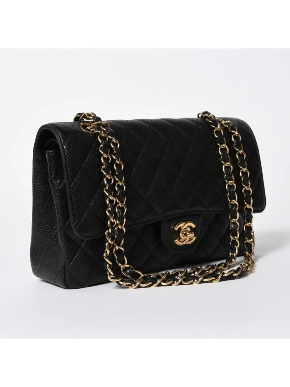 Chanel Quilted 25 Double Flap Chain Shoulder Bag CC Logo Caviar Leather Black